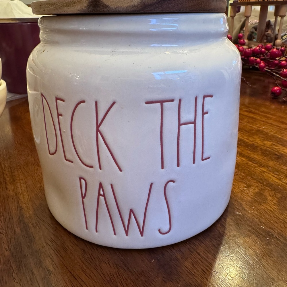 Rae Dunn Cream 'Deck the Paws' Jar with Red Lettering